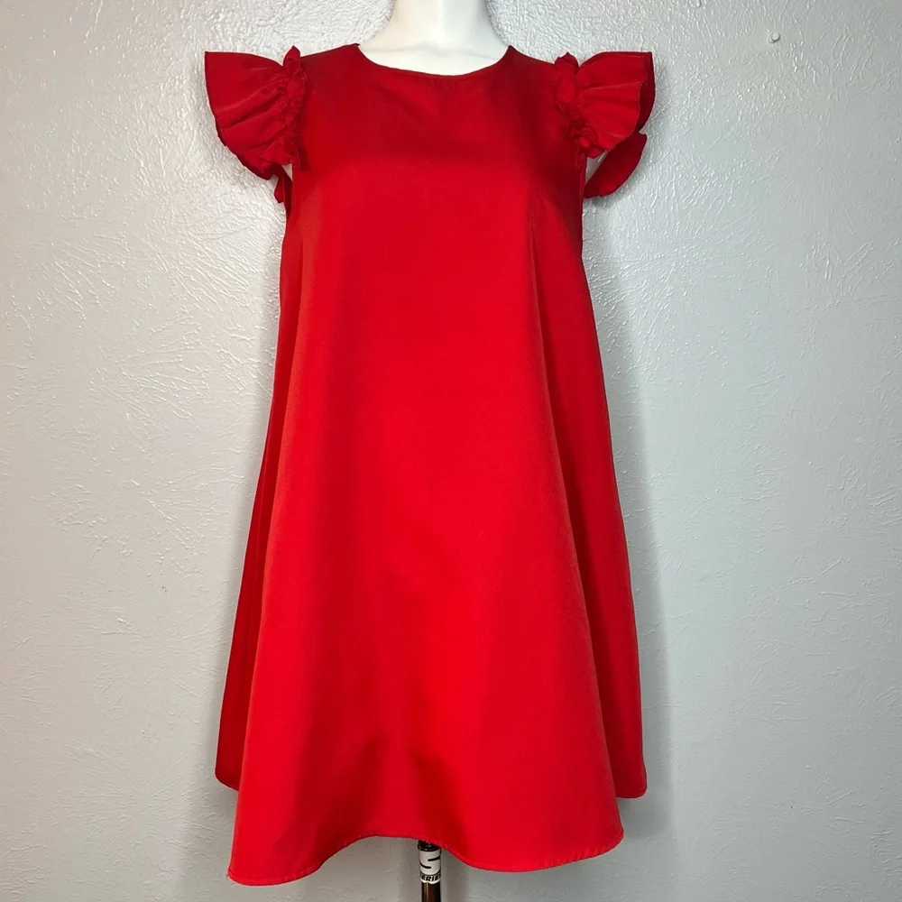 Red Babydoll Style Dress with Ruffle Cap Sleeves and Keyhole Back. Size Small - Picture 2 of 4